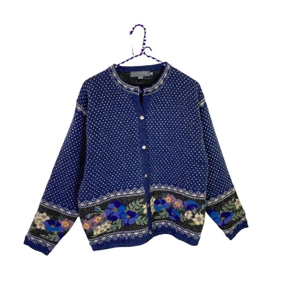 Icelandic Womens Size Medium Blue White Floral Stripe Wool Cardigan Sweater